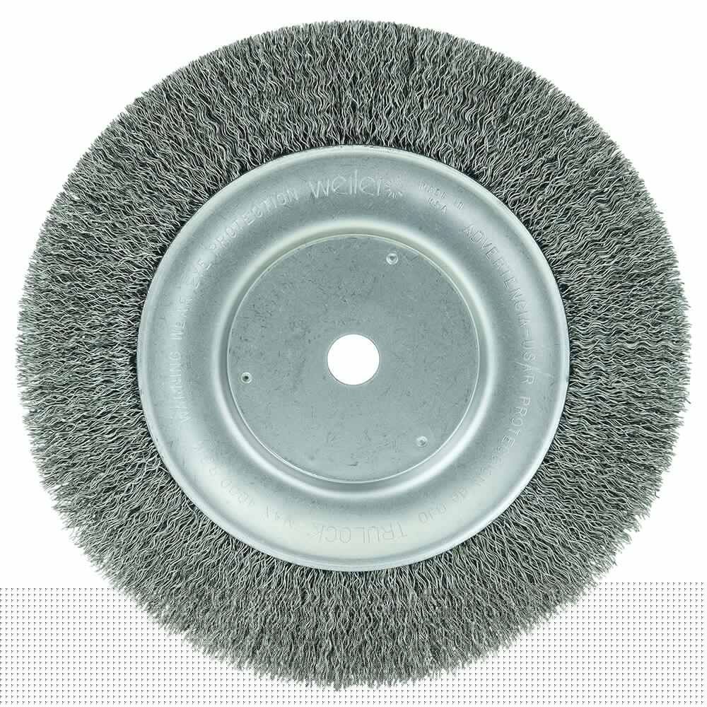 Weiler - Wheel Brushes; Outside Diameter (Inch): 8 ; Arbor Hole Thread Size: 1/4 ; Wire Type: Crimped Wire ; Fill Material: Steel ; Face Width (Inch): 5/8 ; Trim Length (Inch): 1-1/2 - Exact Industrial Supply