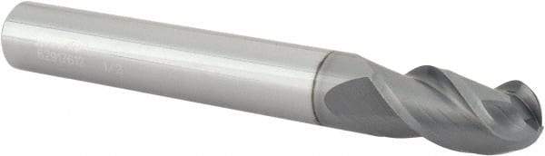 Accupro - 1/2" Diam, 1" LOC, 3 Flute Solid Carbide Ball End Mill - nACRo Finish, Single End, 4" OAL, 1/2" Shank Diam, Spiral Flute - USA Tool & Supply