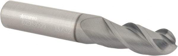 Accupro - 13/32" Diam, 1" LOC, 3 Flute Solid Carbide Ball End Mill - nACRo Finish, Single End, 2-3/4" OAL, 7/16" Shank Diam, Spiral Flute - USA Tool & Supply