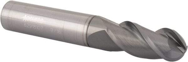Accupro - 9/16" Diam, 1-1/4" LOC, 3 Flute Solid Carbide Ball End Mill - nACRo Finish, Single End, 3-1/2" OAL, 9/16" Shank Diam, Spiral Flute - USA Tool & Supply