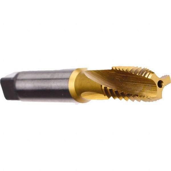 Emuge - 1/8-27 NPT, 3 Flutes, TiN Coated, Cobalt, Interrupted Thread Pipe Tap - 2-1/8 Inch Overall Length, 7/16 Inch Shank Diameter, 3/4 Inch Thread Length, 0.32 Inch Square Size, Modified Bottoming Chamfer, Series KEG - USA Tool & Supply