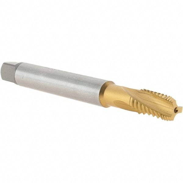 Emuge - 1/8-27 NPT, 15° Helix, 3 Flutes, Modified Bottoming Chamfer, TiN Finish, Cobalt, Spiral Flute Pipe Tap - Right Hand Flute, 7/16" Shank Diam, 3/4" Thread Length, 0.328" Square Size, Series KEG - USA Tool & Supply