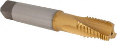 Emuge - 3/8-18 NPT, 15° Helix, 3 Flutes, Modified Bottoming Chamfer, TiN Finish, Cobalt, Spiral Flute Pipe Tap - USA Tool & Supply