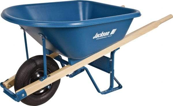 Jackson Professional Tools - 5.75 Cu Ft Capacity Wheelbarrow with 16" Pneumatic Wheel - Wood Handle, 59-1/4" Long x 29-1/2" Wide x 27-1/4" High, Blue - USA Tool & Supply