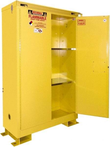 Securall Cabinets - 2 Door, 2 Shelf, Yellow Steel Standard Safety Cabinet for Flammable and Combustible Liquids - 71" High x 43" Wide x 18" Deep, Self Closing Door, 3 Point Key Lock, 45 Gal Capacity - USA Tool & Supply