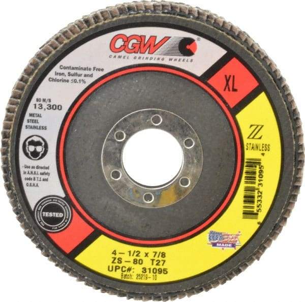 Camel Grinding Wheels - 80 Grit, 4-1/2" Disc Diam, 7/8" Center Hole, Type 27 Zirconia Alumina Flap Disc - 13,300 Max RPM, Polyester Backing, Arbor Attaching System, Coated - USA Tool & Supply