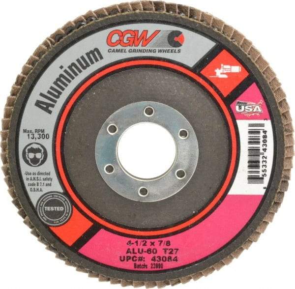 Camel Grinding Wheels - 60 Grit, 4-1/2" Disc Diam, 7/8" Center Hole, Type 27 Aluminum Oxide Flap Disc - 13,300 Max RPM, Polyester Backing, Arbor Attaching System, Coated - USA Tool & Supply