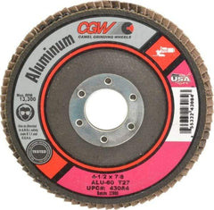 Camel Grinding Wheels - 60 Grit, 4-1/2" Disc Diam, 7/8" Center Hole, Type 27 Aluminum Oxide Flap Disc - 13,300 Max RPM, Polyester Backing, Arbor Attaching System, Coated - USA Tool & Supply