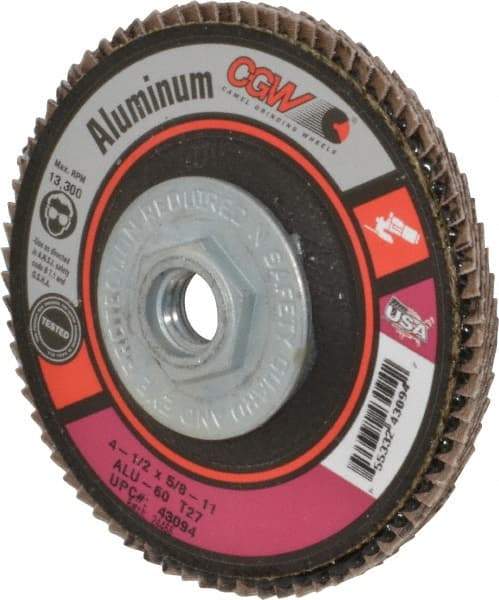 Camel Grinding Wheels - 60 Grit, 4-1/2" Disc Diam, 5/8-11 Center Hole, Type 27 Aluminum Oxide Flap Disc - 13,300 Max RPM, Polyester Backing, Arbor Attaching System, Coated - USA Tool & Supply