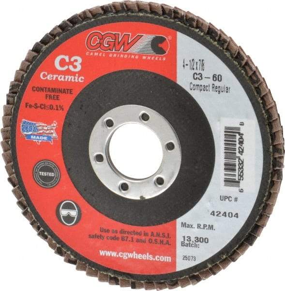 Camel Grinding Wheels - 60 Grit, 4-1/2" Disc Diam, 7/8" Center Hole, Ceramic Flap Disc - 13,300 Max RPM, Polyester Backing, Arbor Attaching System, Coated - USA Tool & Supply