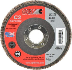 Camel Grinding Wheels - 80 Grit, 4-1/2" Disc Diam, 7/8" Center Hole, Ceramic Flap Disc - 13,300 Max RPM, Polyester Backing, Arbor Attaching System, Coated - USA Tool & Supply