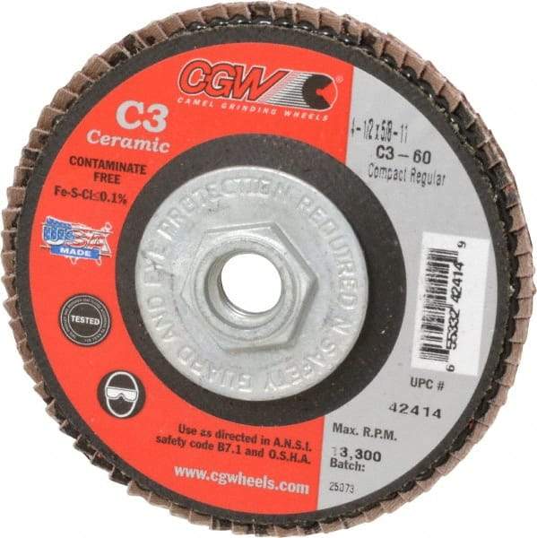 Camel Grinding Wheels - 60 Grit, 4-1/2" Disc Diam, 5/8-11 Center Hole, Ceramic Flap Disc - 13,300 Max RPM, Polyester Backing, Arbor Attaching System, Coated - USA Tool & Supply