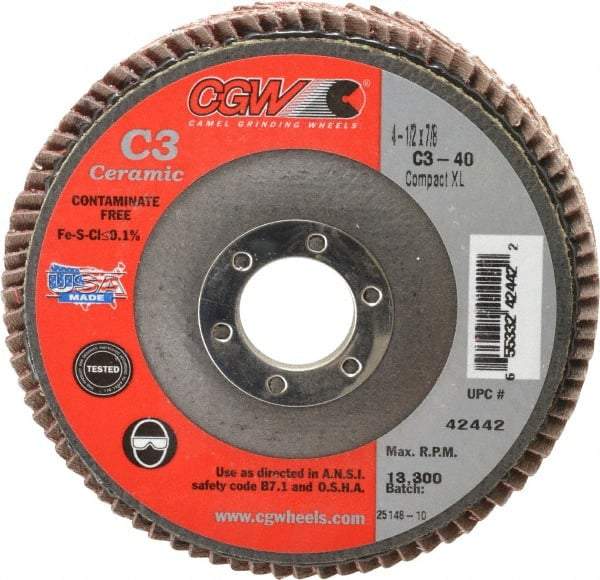 Camel Grinding Wheels - 40 Grit, 4-1/2" Disc Diam, 7/8" Center Hole, Ceramic Flap Disc - 13,300 Max RPM, Polyester Backing, Arbor Attaching System, Coated - USA Tool & Supply