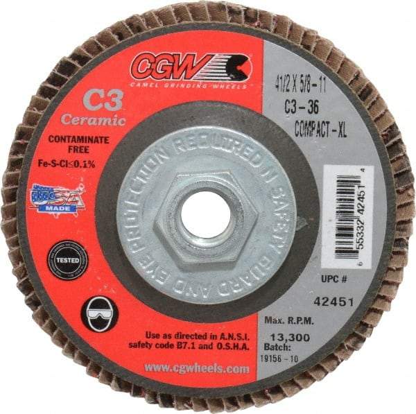Camel Grinding Wheels - 36 Grit, 4-1/2" Disc Diam, 5/8-11 Center Hole, Ceramic Flap Disc - 13,300 Max RPM, Polyester Backing, Arbor Attaching System, Coated - USA Tool & Supply