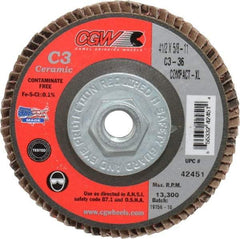 Camel Grinding Wheels - 36 Grit, 4-1/2" Disc Diam, 5/8-11 Center Hole, Ceramic Flap Disc - 13,300 Max RPM, Polyester Backing, Arbor Attaching System, Coated - USA Tool & Supply