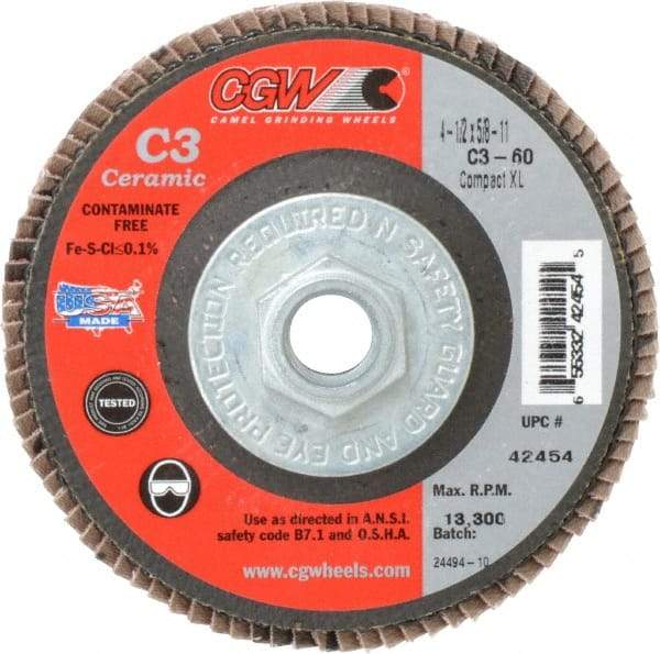 Camel Grinding Wheels - 60 Grit, 4-1/2" Disc Diam, 5/8-11 Center Hole, Ceramic Flap Disc - 13,300 Max RPM, Polyester Backing, Arbor Attaching System, Coated - USA Tool & Supply