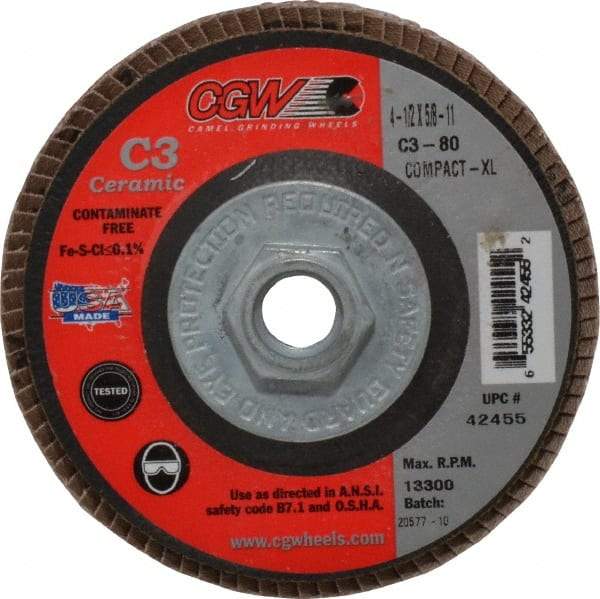 Camel Grinding Wheels - 80 Grit, 4-1/2" Disc Diam, 5/8-11 Center Hole, Ceramic Flap Disc - 13,300 Max RPM, Polyester Backing, Arbor Attaching System, Coated - USA Tool & Supply