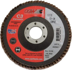 Camel Grinding Wheels - 36 Grit, 5" Disc Diam, 7/8" Center Hole, Ceramic Flap Disc - 12,200 Max RPM, Polyester Backing, Arbor Attaching System, Coated - USA Tool & Supply