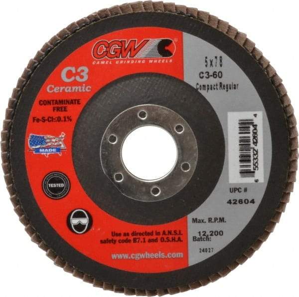 Camel Grinding Wheels - 60 Grit, 5" Disc Diam, 7/8" Center Hole, Ceramic Flap Disc - 12,200 Max RPM, Polyester Backing, Arbor Attaching System, Coated - USA Tool & Supply