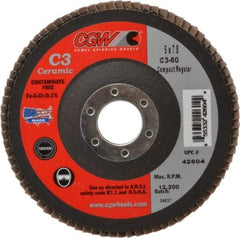 Camel Grinding Wheels - 60 Grit, 5" Disc Diam, 7/8" Center Hole, Ceramic Flap Disc - 12,200 Max RPM, Polyester Backing, Arbor Attaching System, Coated - USA Tool & Supply