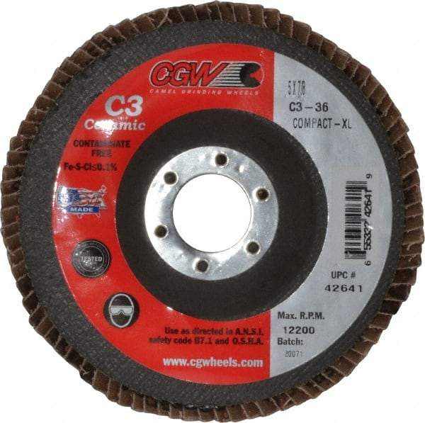 Camel Grinding Wheels - 36 Grit, 5" Disc Diam, 7/8" Center Hole, Ceramic Flap Disc - 12,200 Max RPM, Polyester Backing, Arbor Attaching System, Coated - USA Tool & Supply