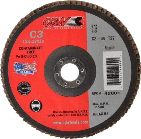 Camel Grinding Wheels - 36 Grit, 7" Disc Diam, 7/8" Center Hole, Type 27 Ceramic Flap Disc - 8,600 Max RPM, Polyester Backing, Arbor Attaching System, Coated - USA Tool & Supply
