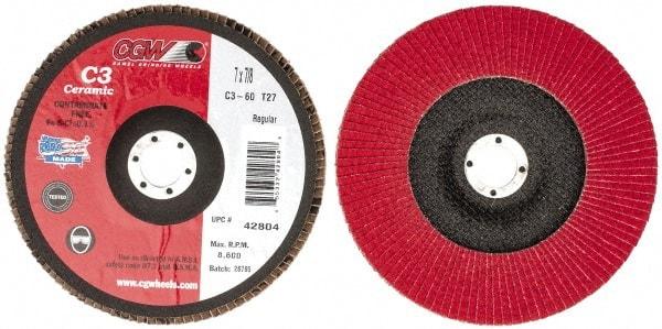 Camel Grinding Wheels - 60 Grit, 7" Disc Diam, 7/8" Center Hole, Type 27 Ceramic Flap Disc - 8,600 Max RPM, Polyester Backing, Arbor Attaching System, Coated - USA Tool & Supply