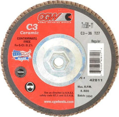 Camel Grinding Wheels - 36 Grit, 7" Disc Diam, 5/8-11 Center Hole, Type 27 Ceramic Flap Disc - 8,600 Max RPM, Polyester Backing, Arbor Attaching System, Coated - USA Tool & Supply
