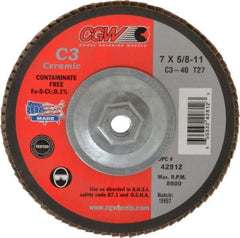 Camel Grinding Wheels - 40 Grit, 7" Disc Diam, 5/8-11 Center Hole, Type 27 Ceramic Flap Disc - 8,600 Max RPM, Polyester Backing, Arbor Attaching System, Coated - USA Tool & Supply