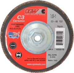 Camel Grinding Wheels - 80 Grit, 7" Disc Diam, 5/8-11 Center Hole, Type 27 Ceramic Flap Disc - 8,600 Max RPM, Polyester Backing, Arbor Attaching System, Coated - USA Tool & Supply