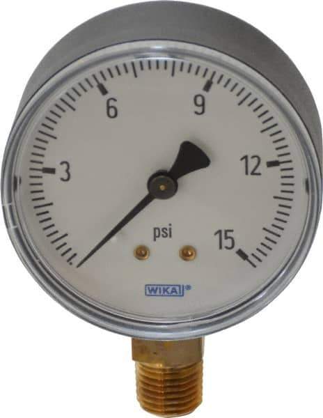 Wika - 2-1/2" Dial, 1/4 Thread, 0-15 Scale Range, Pressure Gauge - Lower Connection Mount, Accurate to 3-2-3% of Scale - USA Tool & Supply