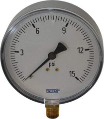 Wika - 4" Dial, 1/4 Thread, 0-15 Scale Range, Pressure Gauge - Lower Connection Mount, Accurate to 3-2-3% of Scale - USA Tool & Supply