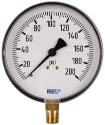Wika - 4" Dial, 1/4 Thread, 0-200 Scale Range, Pressure Gauge - Lower Connection Mount, Accurate to 3-2-3% of Scale - USA Tool & Supply