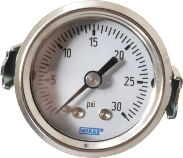 Wika - 1-1/2" Dial, 1/8 Thread, 0-30 Scale Range, Pressure Gauge - U-Clamp Panel Mount, Center Back Connection Mount, Accurate to 3-2-3% of Scale - USA Tool & Supply