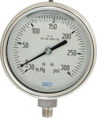 Wika - 4" Dial, 1/4 Thread, 30-0-300 Scale Range, Pressure Gauge - Lower Connection Mount, Accurate to 1% of Scale - USA Tool & Supply