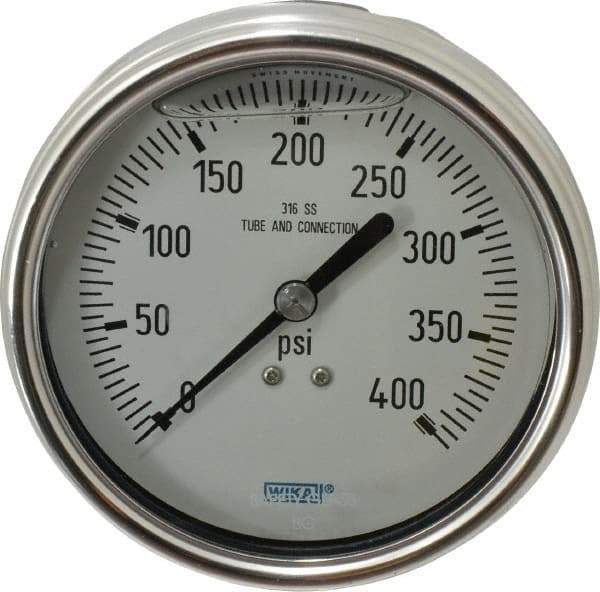 Wika - 4" Dial, 1/4 Thread, 0-400 Scale Range, Pressure Gauge - Lower Back Connection Mount, Accurate to 1% of Scale - USA Tool & Supply