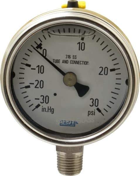 Wika - 2-1/2" Dial, 1/4 Thread, 30-0-30 Scale Range, Pressure Gauge - Lower Connection Mount, Accurate to 2-1-2% of Scale - USA Tool & Supply