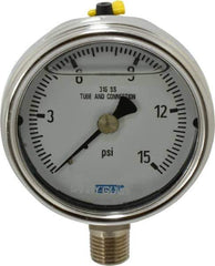 Wika - 2-1/2" Dial, 1/4 Thread, 0-15 Scale Range, Pressure Gauge - Lower Connection Mount, Accurate to 2-1-2% of Scale - USA Tool & Supply