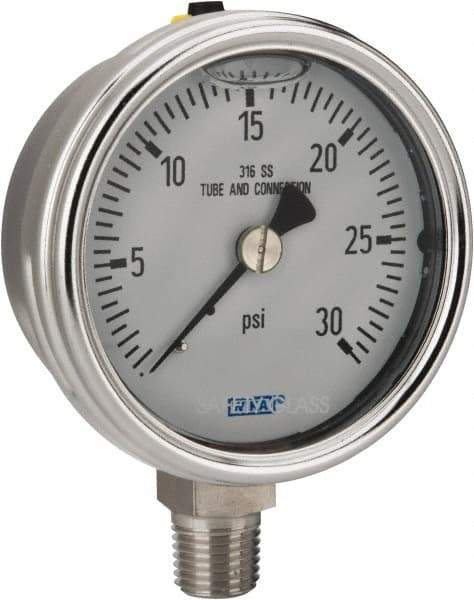Wika - 2-1/2" Dial, 1/4 Thread, 0-30 Scale Range, Pressure Gauge - Lower Connection Mount, Accurate to 2-1-2% of Scale - USA Tool & Supply