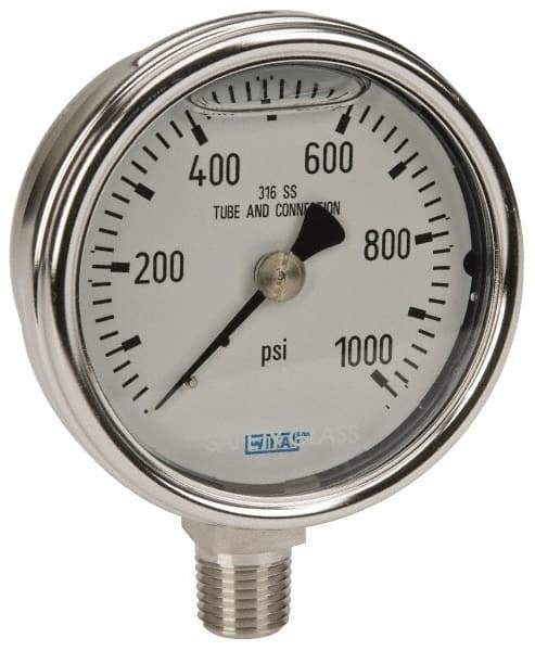 Wika - 2-1/2" Dial, 1/4 Thread, 0-1,000 Scale Range, Pressure Gauge - Lower Connection Mount, Accurate to 2-1-2% of Scale - USA Tool & Supply