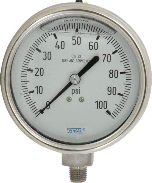 Wika - 4" Dial, 1/4 Thread, 0-100 Scale Range, Pressure Gauge - Lower Connection Mount, Accurate to 1% of Scale - USA Tool & Supply