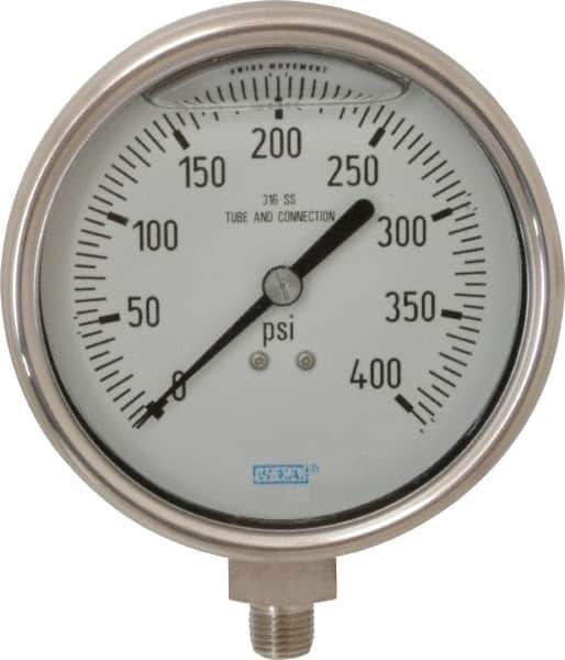 Wika - 4" Dial, 1/4 Thread, 0-400 Scale Range, Pressure Gauge - Lower Connection Mount, Accurate to 1% of Scale - USA Tool & Supply