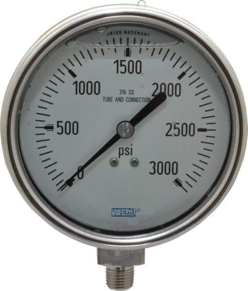 Wika - 4" Dial, 1/4 Thread, 0-3,000 Scale Range, Pressure Gauge - Lower Connection Mount, Accurate to 1% of Scale - USA Tool & Supply