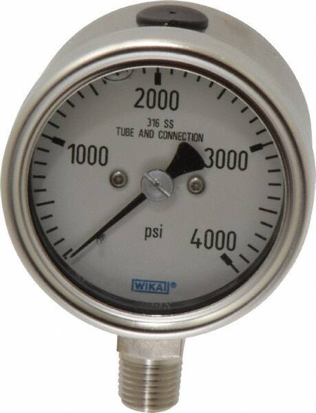 Wika - 2-1/2" Dial, 1/4 Thread, 0-4,000 Scale Range, Pressure Gauge - Lower Connection Mount, Accurate to 2-1-2% of Scale - USA Tool & Supply