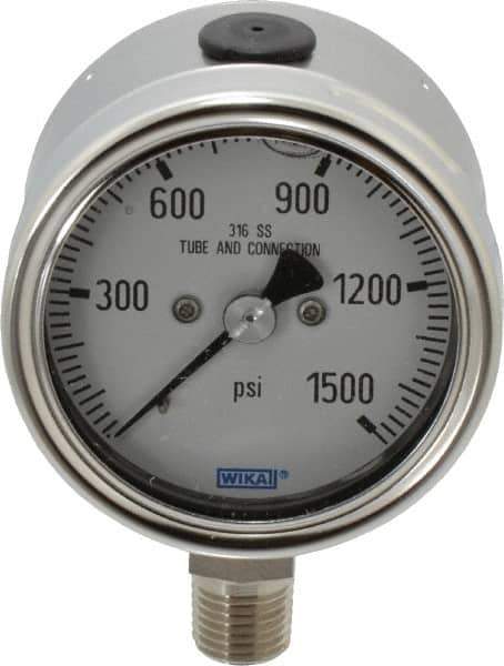 Wika - 2-1/2" Dial, 1/4 Thread, 0-1,500 Scale Range, Pressure Gauge - Lower Connection Mount, Accurate to 2-1-2% of Scale - USA Tool & Supply