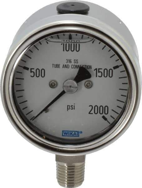 Wika - 2-1/2" Dial, 1/4 Thread, 0-2,000 Scale Range, Pressure Gauge - Lower Connection Mount, Accurate to 2-1-2% of Scale - USA Tool & Supply