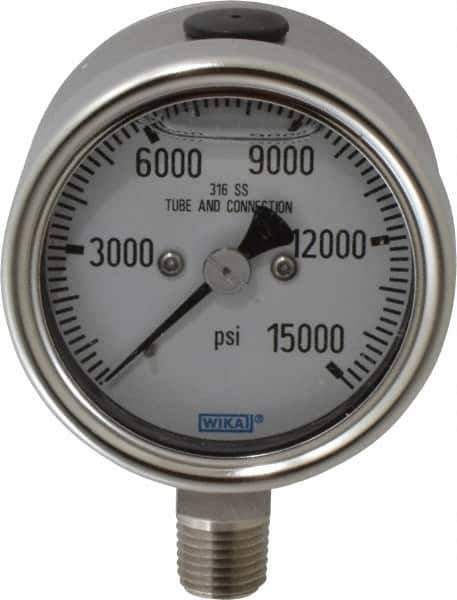 Wika - 2-1/2" Dial, 1/4 Thread, 0-15,000 Scale Range, Pressure Gauge - Lower Connection Mount, Accurate to 2-1-2% of Scale - USA Tool & Supply