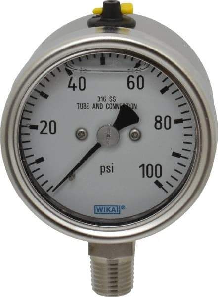 Wika - 2-1/2" Dial, 1/4 Thread, 100 Scale Range, Pressure Gauge - Lower Connection Mount, Accurate to 2-1-2% of Scale - USA Tool & Supply