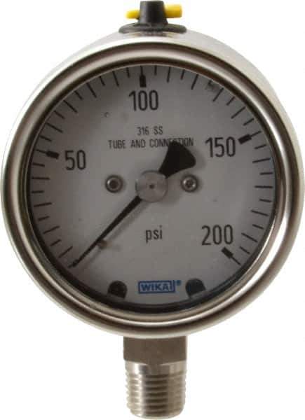 Wika - 2-1/2" Dial, 1/4 Thread, 200 Scale Range, Pressure Gauge - Lower Connection Mount, Accurate to 2-1-2% of Scale - USA Tool & Supply