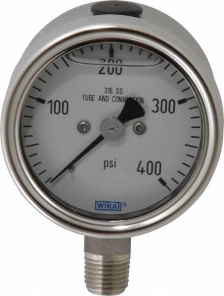 Wika - 2-1/2" Dial, 1/4 Thread, 400 Scale Range, Pressure Gauge - Lower Connection Mount, Accurate to 2-1-2% of Scale - USA Tool & Supply